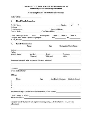 Elementary Health History Questionnaire