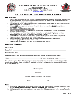 NOHA Player Tryout Permission Minor to Junior