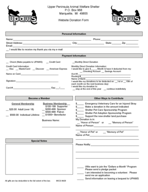 Upper Peninsula Animal Welfare Shelter Donation Form