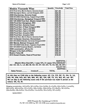 Moshin Vineyards Wine Order Form