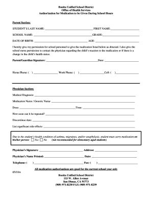 Authorization for Medication During School Hours