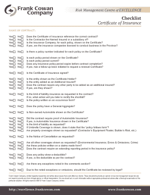 Certificate of Insurance Checklist