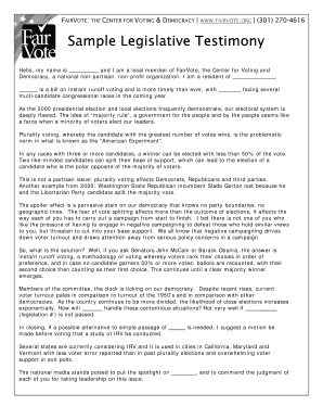 Sample Legislative Testimony on Instant Runoff Voting