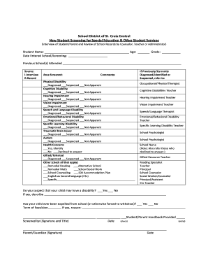 New Student Screening for Special Education