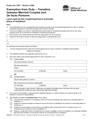 Exemption from Duty Transfers to Married Couples and De Facto Partners