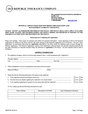 Renewal Application for Non-Profit Organization and Management Liability Insurance