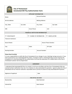 City of Homestead Automated Bill Pay Authorization Form