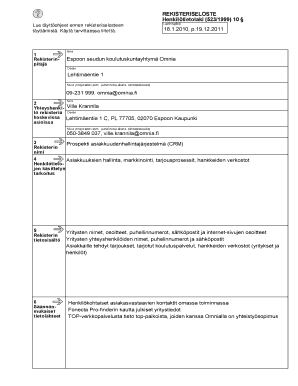 Personal Data Register Description Form