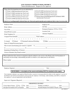 Los Angeles Unified School District Tuition Reimbursement Request