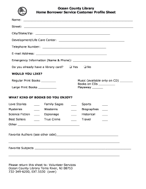 Ocean County Library Customer Profile Sheet