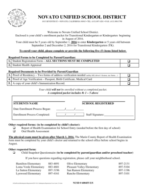 Novato Unified School District Kindergarten Enrollment Form