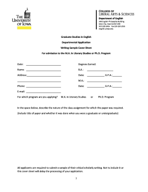 Graduate Studies English Application Writing Sample Cover Sheet
