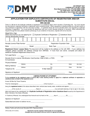 Nevada Duplicate Certificate of Registration Application