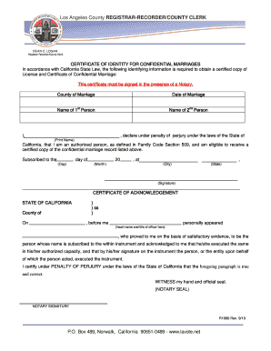 California Certificate of Identity for Confidential Marriages