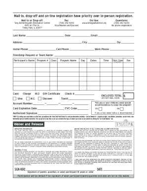 Tinley Park Recreation Program Registration and Waiver