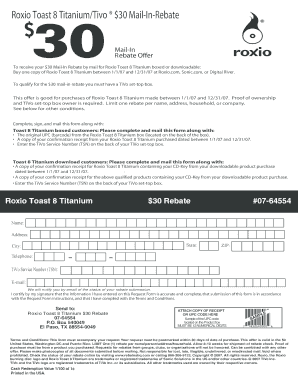 Roxio Toast 8 Titanium $30 Mail-In Rebate Form