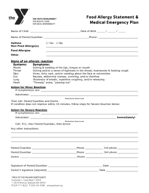 Food Allergy Statement & Medical Emergency Plan