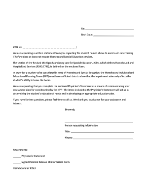 Michigan Homebound Special Education Physician Statement