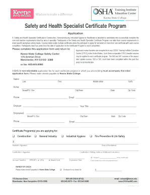 Safety and Health Specialist Certificate Program Application