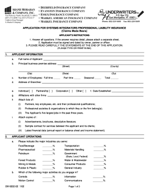 Systems Integrators Professional Liability Insurance Application