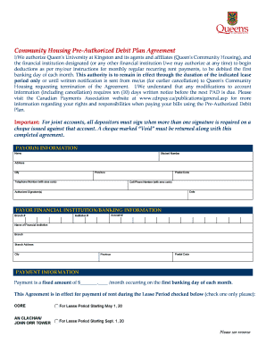 Community Housing Pre-Authorized Debit Plan Agreement