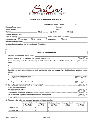 Garage Insurance Policy Application