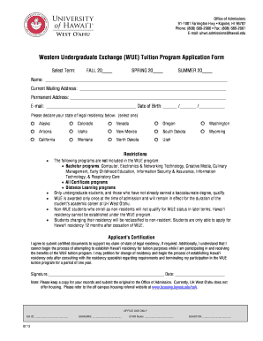 Western Undergraduate Exchange (WUE) Tuition Program Application Form