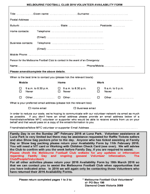 Melbourne Football Club 2016 Volunteer Availability Form