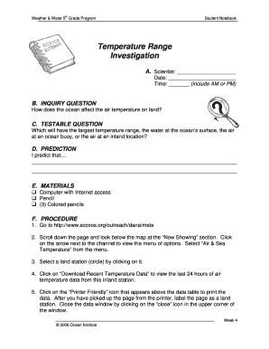 5th Grade Weather and Water Temperature Investigation Form