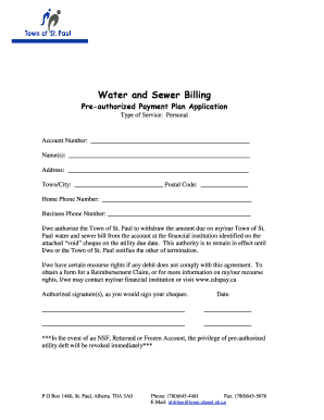 Water and Sewer Billing Pre-Authorized Payment Plan Application