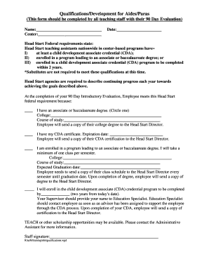 Head Start Teaching Assistant Qualifications Form