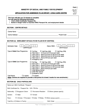 Application for Admission to an Infant Child Care Centre