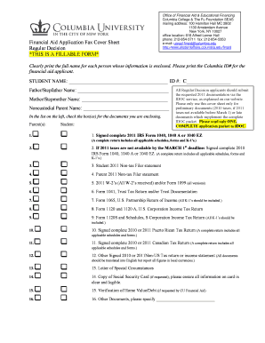 Columbia Financial Aid Application Fax Cover Sheet