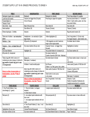 Student Supply List for Preschool to Grade 4