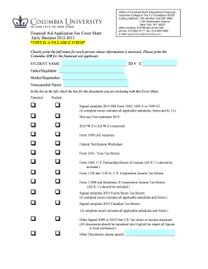 Columbia College Financial Aid Application Cover Sheet