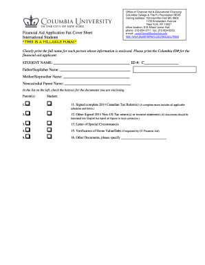 Columbia Financial Aid Application Fax Cover Sheet