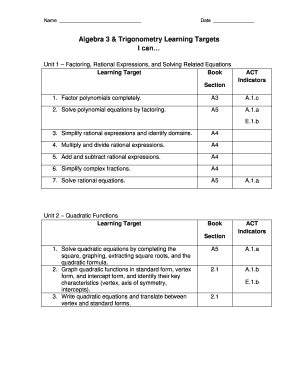 Algebra 3 & Trigonometry Learning Targets