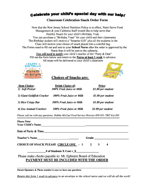 Classroom Birthday Snack Order Form