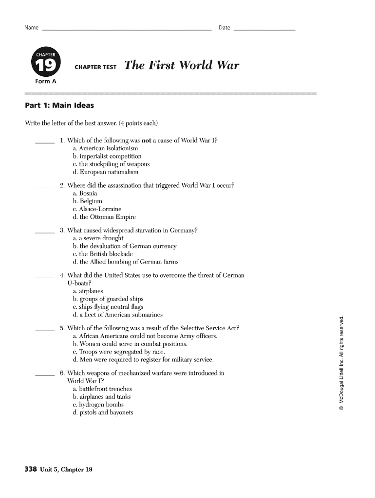 Chapter 19 The First World War Worksheet Answers Fill Online