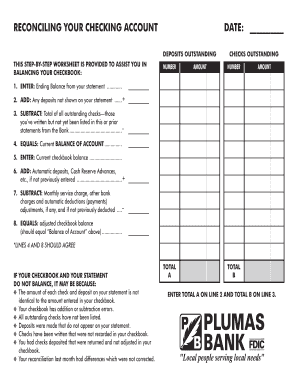 Checking account balance sheet - Check Reconciliation Worksheet - Plumas Bank