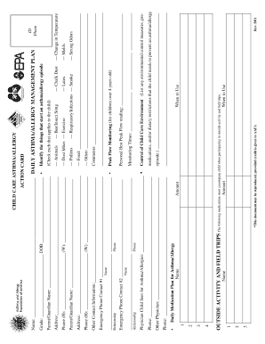 Child Care Asthma Allergy Action Card