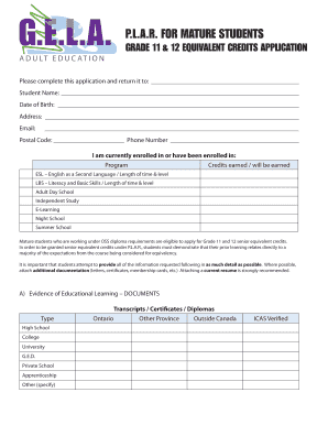 P.L.A.R. Grade 11 & 12 Equivalent Credits Application