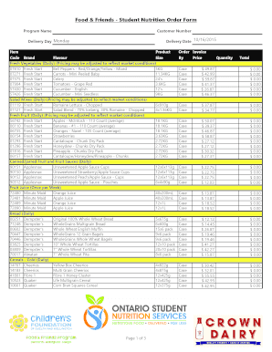 Student Nutrition Order Form