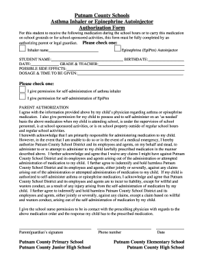 Putnam County Schools Asthma Inhaler Authorization Form