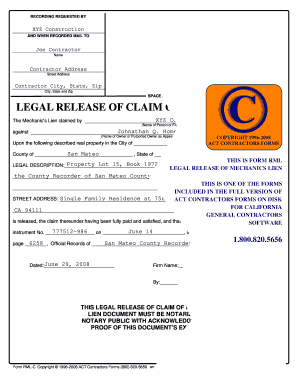 Legal Release of Mechanic's Lien