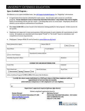 University Extended Education Space Available Program Registration Form