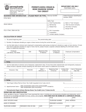Pennsylvania Organ & Bone Marrow Donor Tax Credit Application