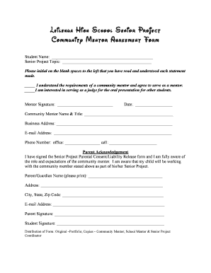 High School Senior Project Community Mentor Agreement Form