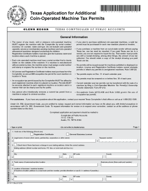 Texas Application for Additional Coin-Operated Machine Tax Permits