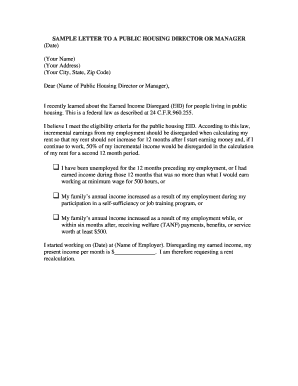Letter to Public Housing Director for Earned Income Disregard